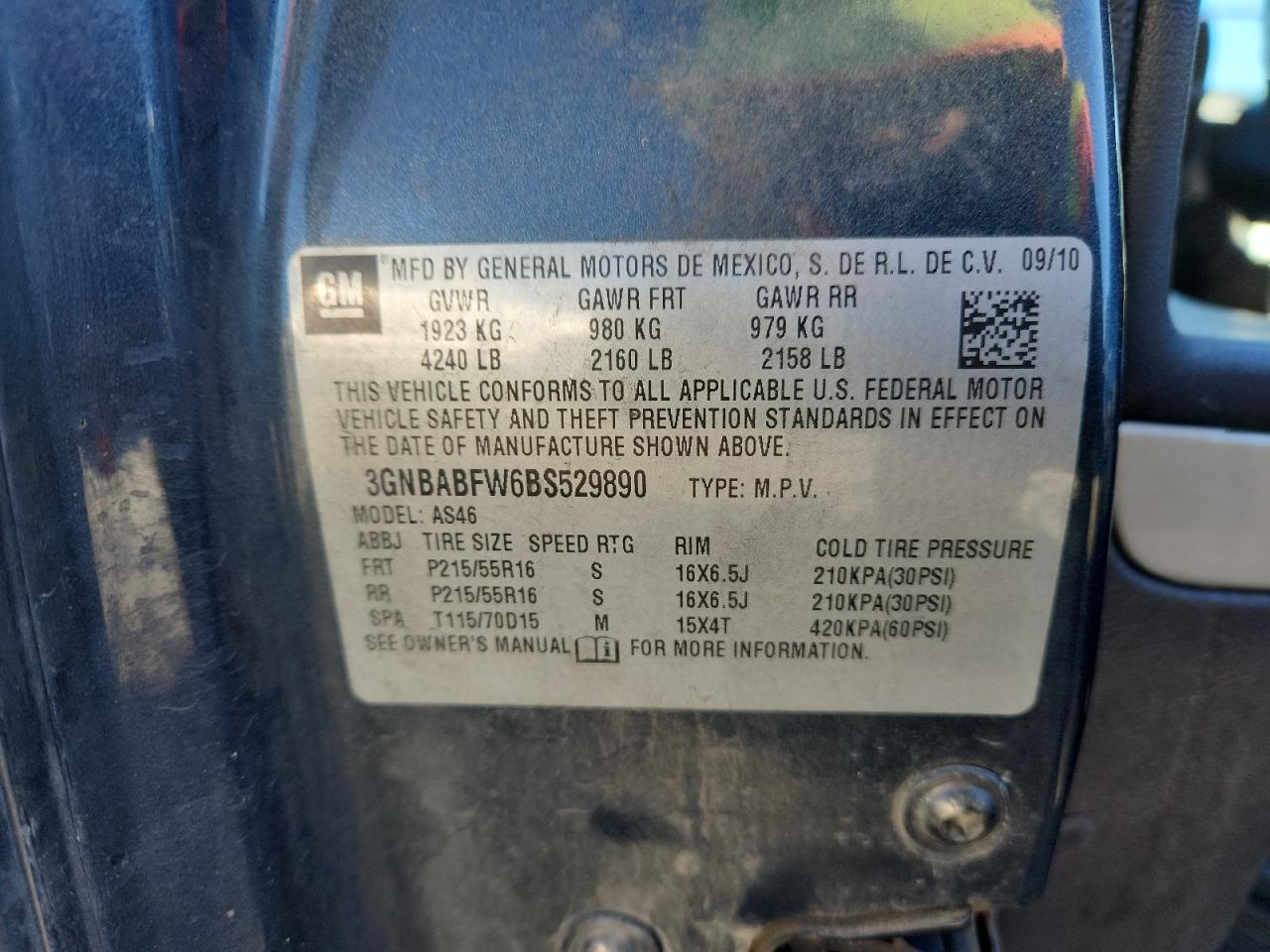 2011 Chevrolet Hhr Lt VIN: 3GNBABFW6BS529890 Lot: 92207945