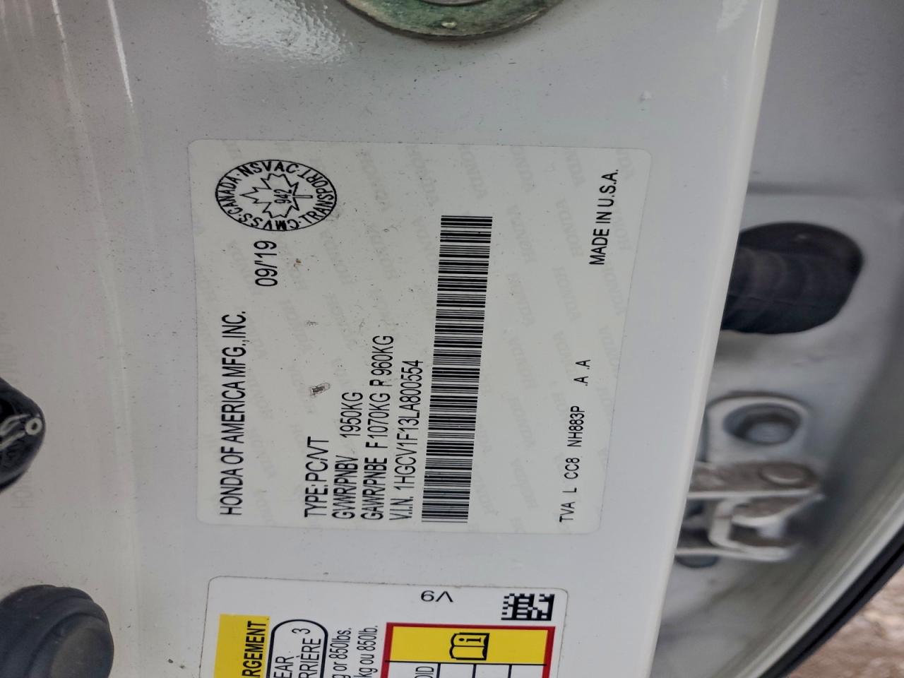 2020 Honda Accord Lx VIN: 1HGCV1F13LA800554 Lot: 93029285