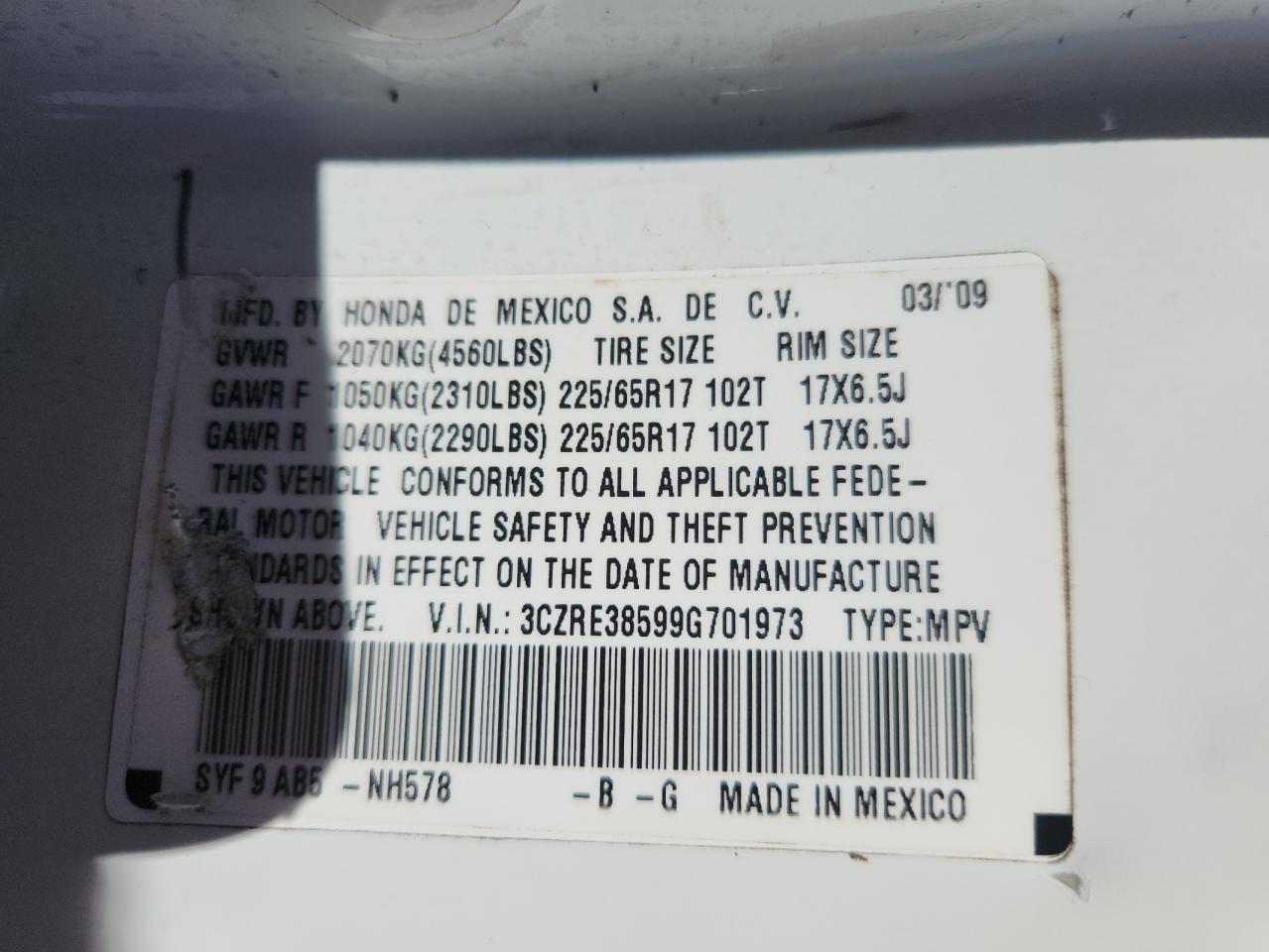 2009 Honda Cr-V Ex VIN: 3CZRE38599G701973 Lot: 90890675