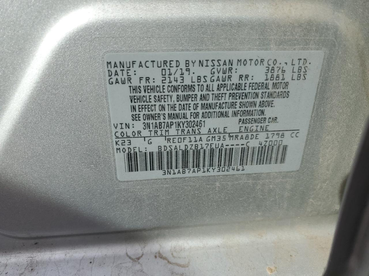 2019 Nissan Sentra S VIN: 3N1AB7AP1KY302461 Lot: 90883245