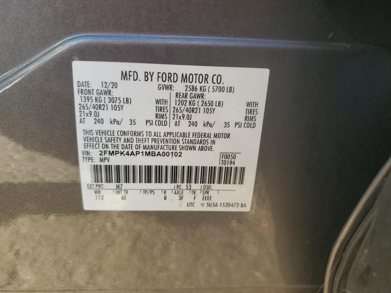 2021 Ford Edge St VIN: 2FMPK4AP1MBA00102 Lot: 91988685