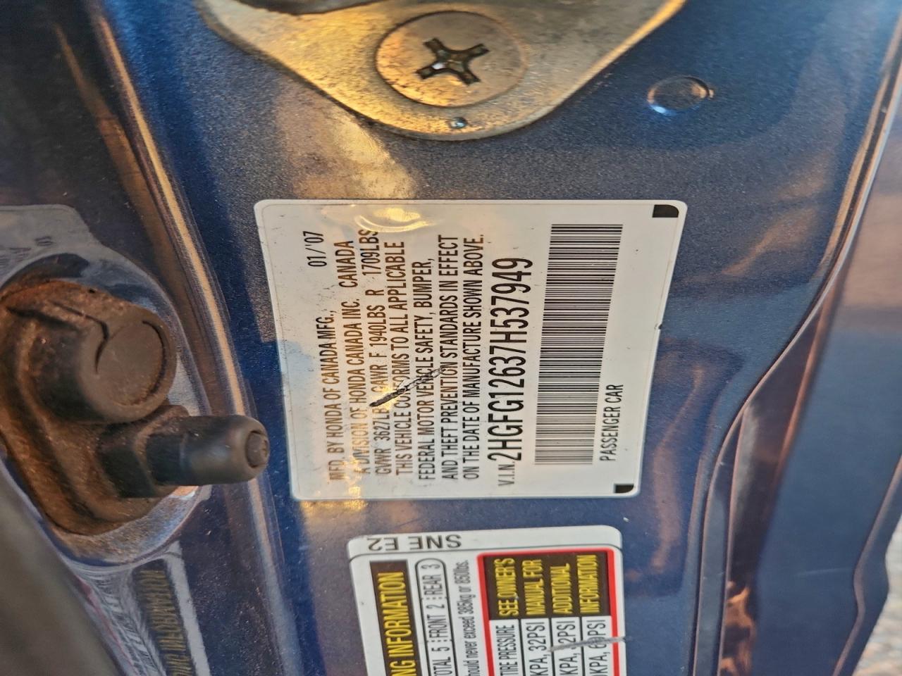 2007 Honda Civic Lx VIN: 2HGFG12637H537949 Lot: 94049995