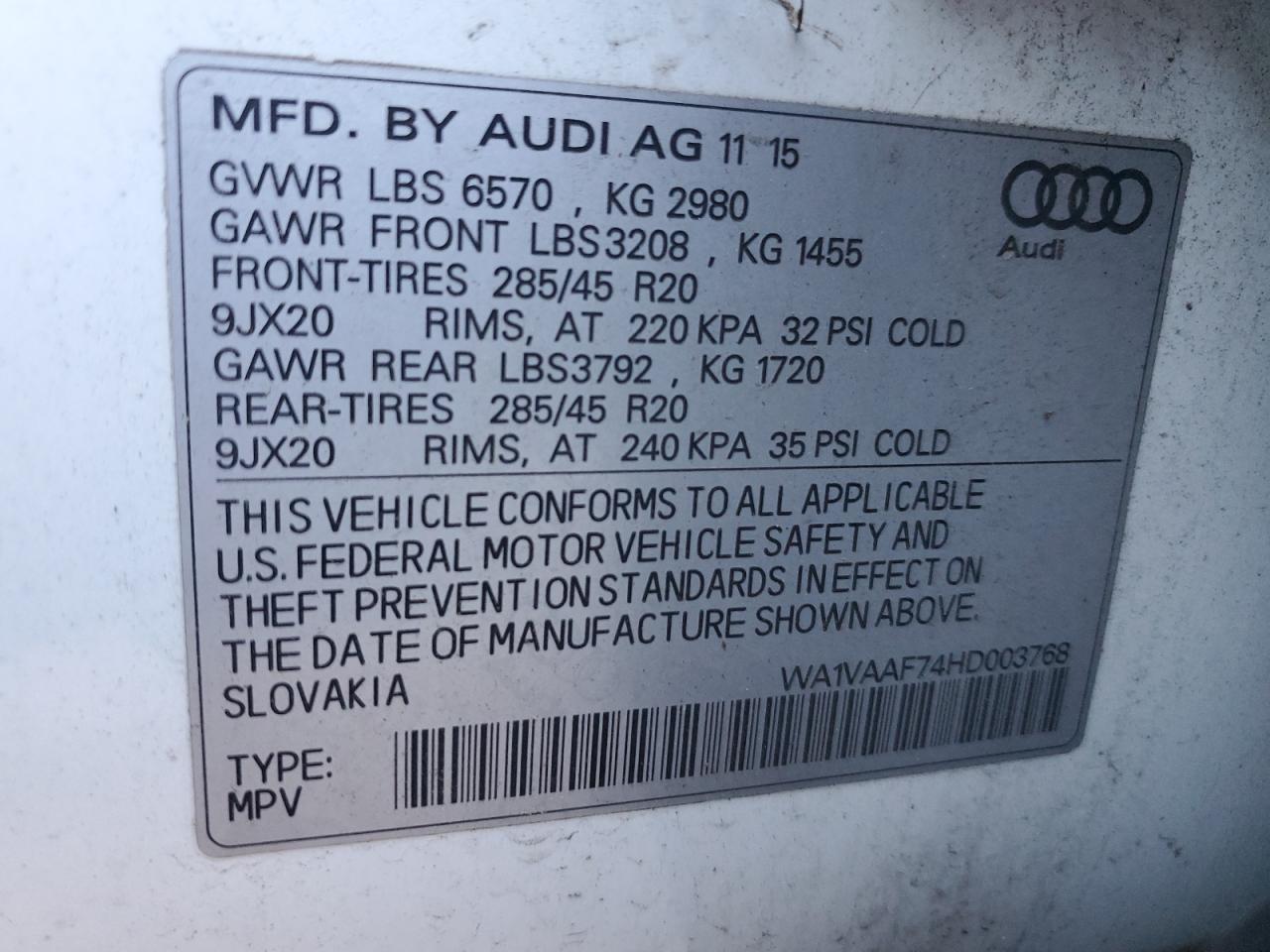 2017 Audi Q7 Prestige VIN: WA1VAAF74HD003768 Lot: 93189495