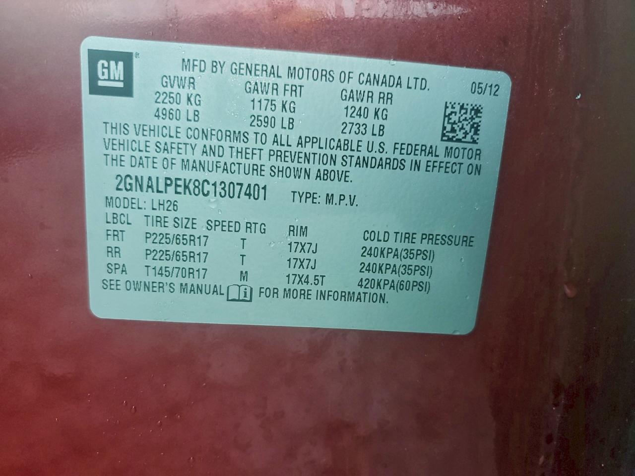 2012 Chevrolet Equinox Lt VIN: 2GNALPEK8C1307401 Lot: 93509855