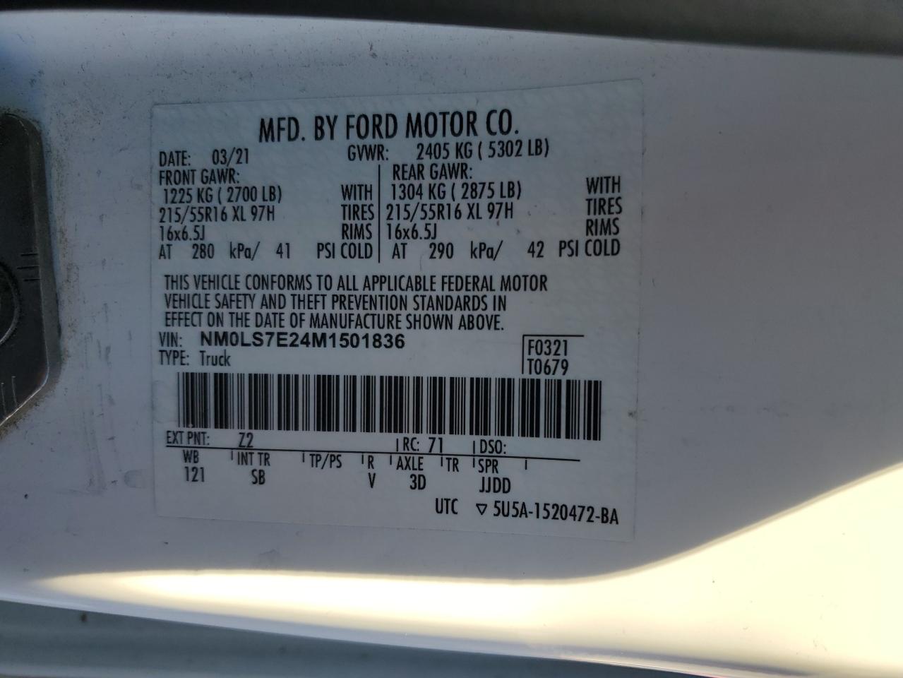 2021 Ford Transit Connect Delivery Van VIN: NM0LS7E24M1501836 Lot: 93644045