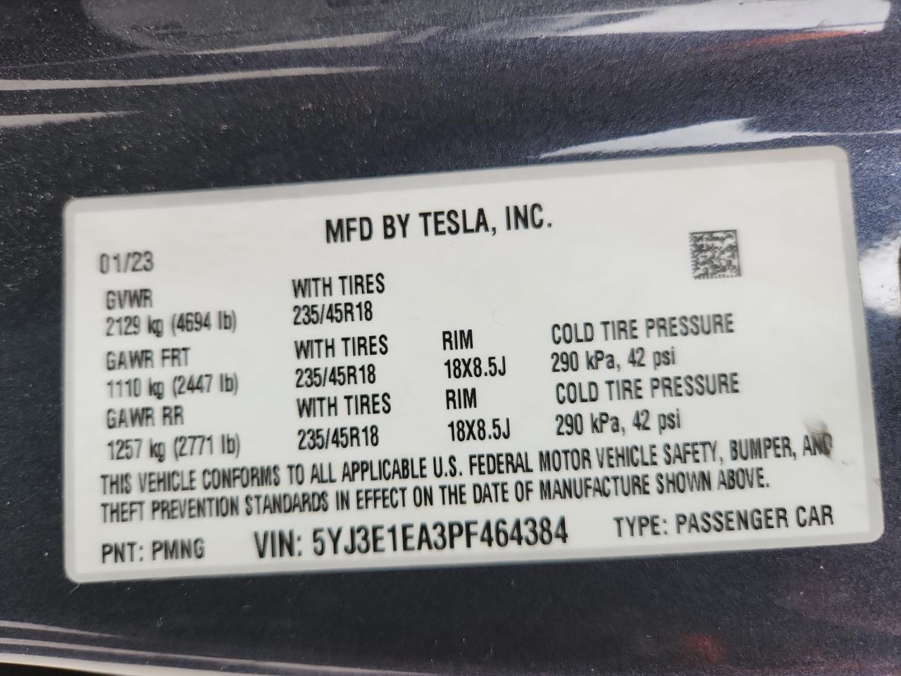 2023 Tesla Model 3 VIN: 5YJ3E1EA3PF464384 Lot: 91573785