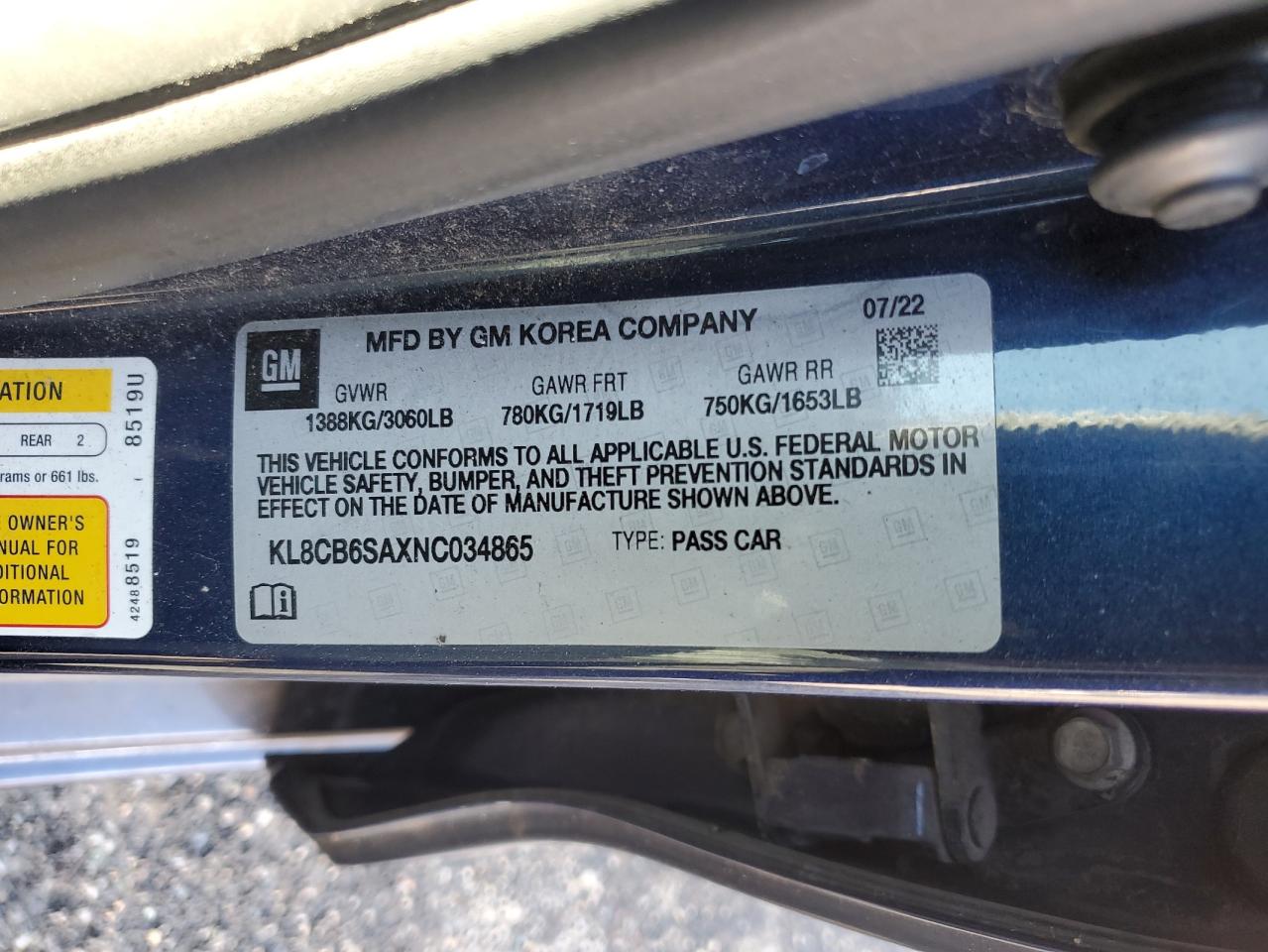 2022 Chevrolet Spark Ls VIN: KL8CB6SAXNC034865 Lot: 92123365