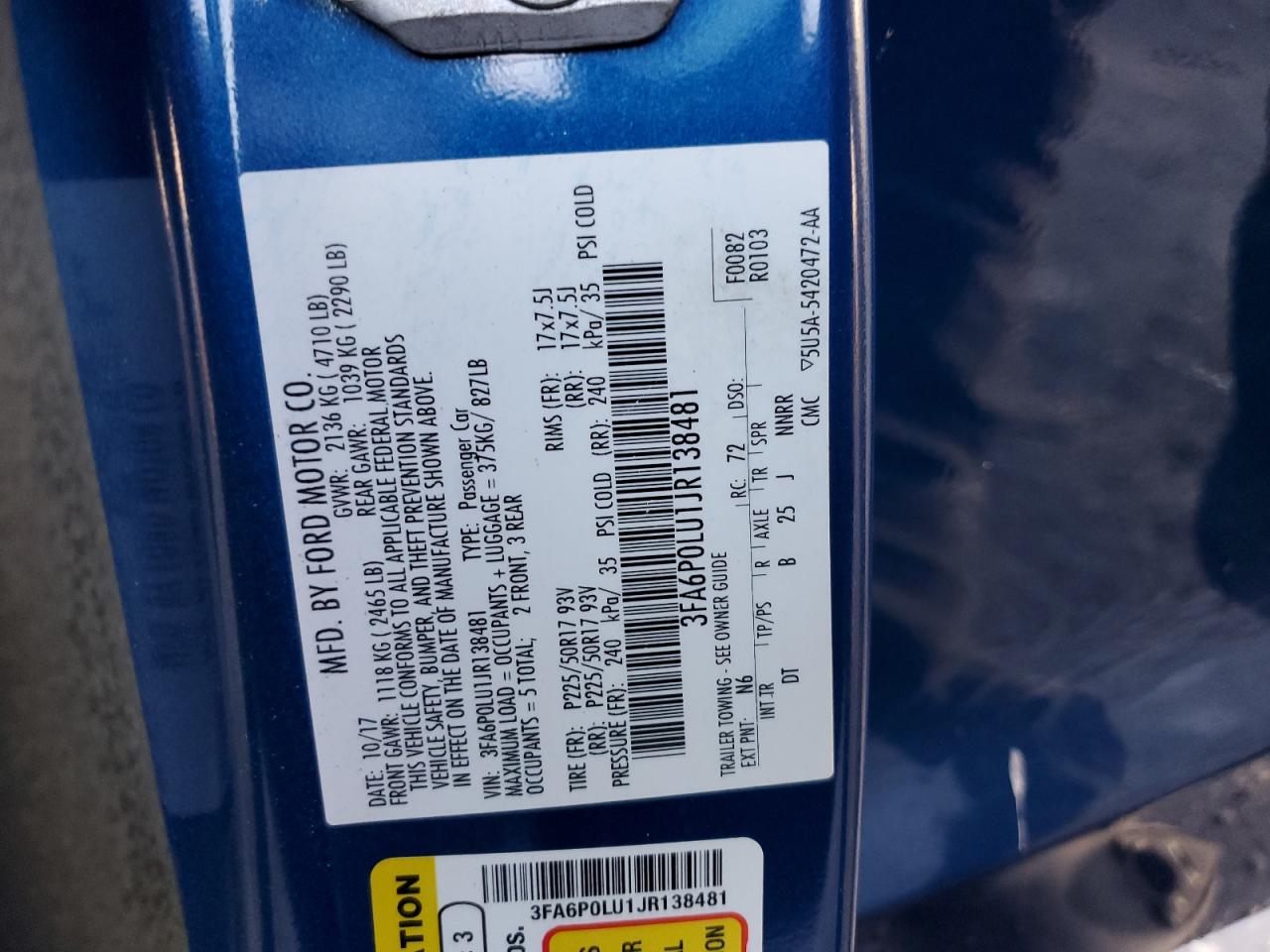 2018 Ford Fusion Se Hybrid VIN: 3FA6P0LU1JR138481 Lot: 93383525