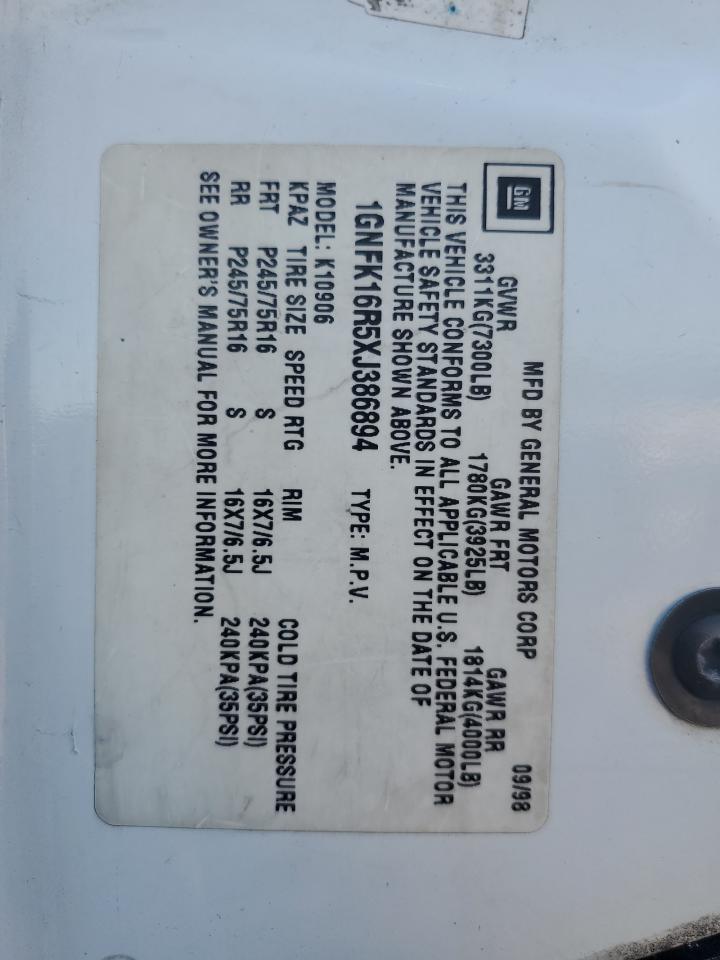 1999 Chevrolet Suburban K1500 VIN: 1GNFK16R5XJ386894 Lot: 91017225