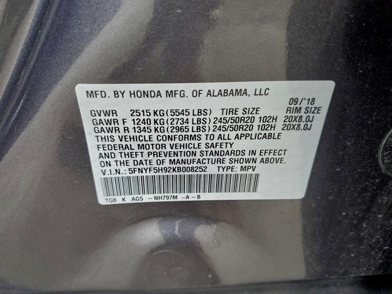 2019 Honda Pilot Touring VIN: 5FNYF5H92KB008252 Lot: 92761105