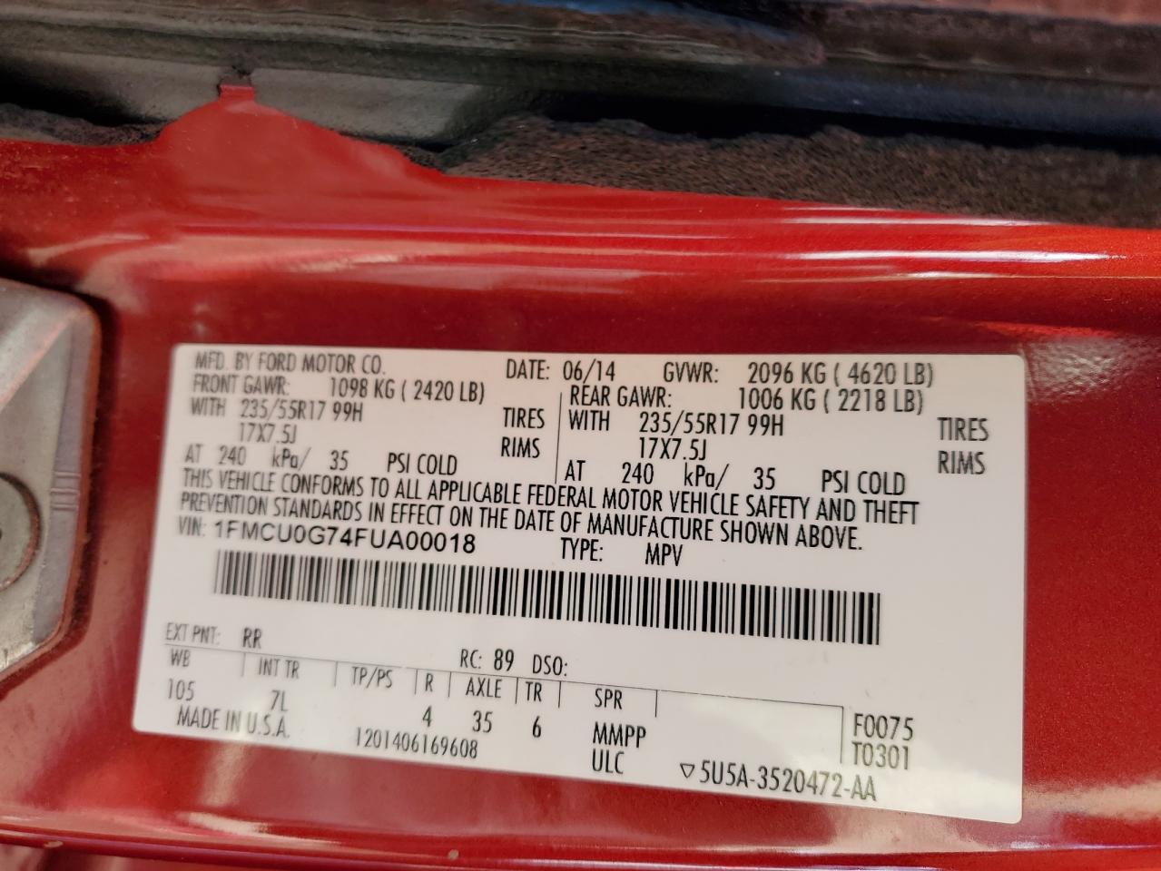 2015 Ford Escape Se VIN: 1FMCU0G74FUA00018 Lot: 91882665