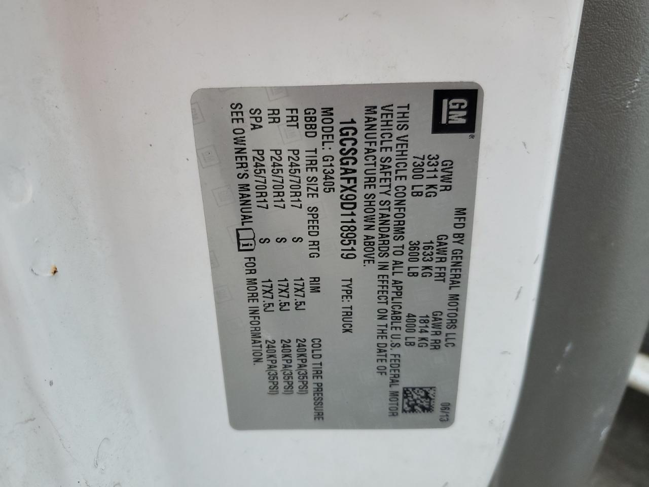 2013 Chevrolet Express G1500 VIN: 1GCSGAFX9D1189519 Lot: 92364985