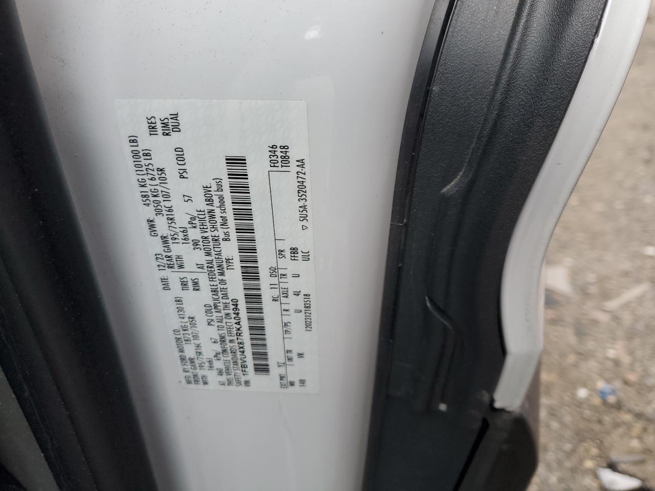 2024 Ford Transit T-350 Hd VIN: 1FBVU4X87RKA04940 Lot: 92925385