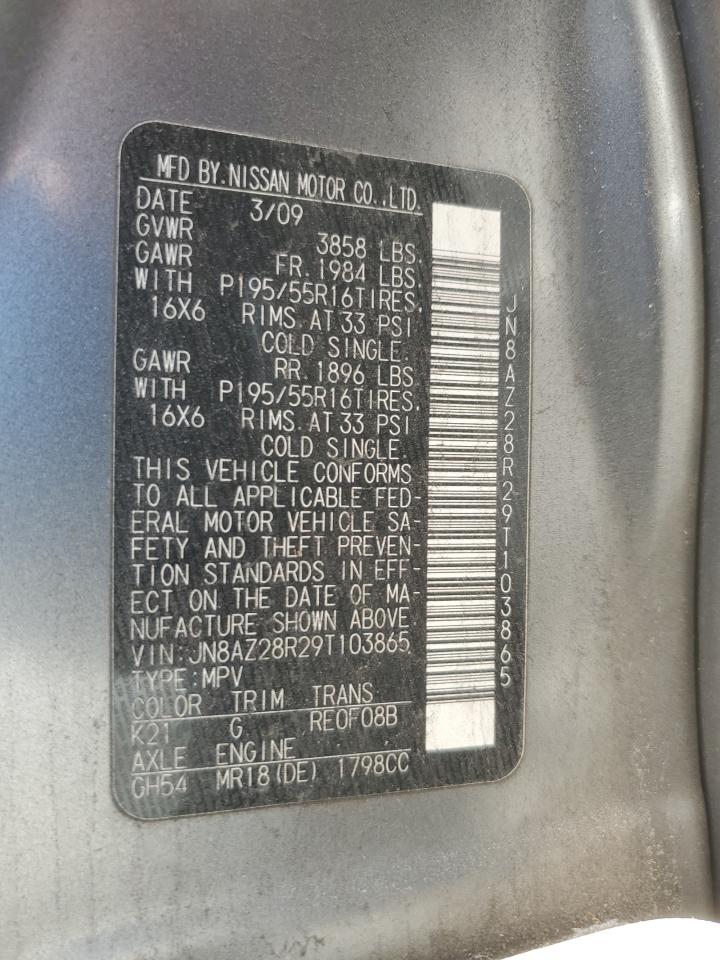 2009 Nissan Cube Base VIN: JN8AZ28R29T103865 Lot: 90629095