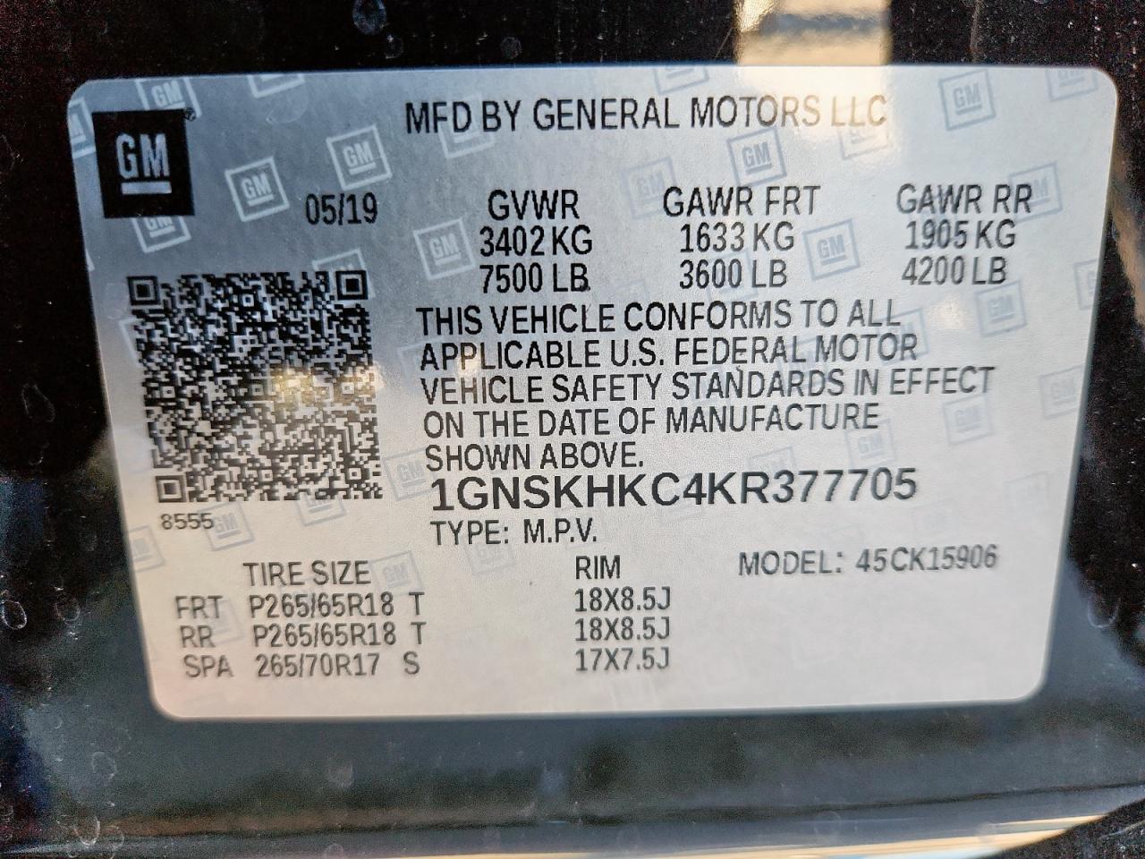 2019 Chevrolet Suburban K1500 Lt VIN: 1GNSKHKC4KR377705 Lot: 92620225