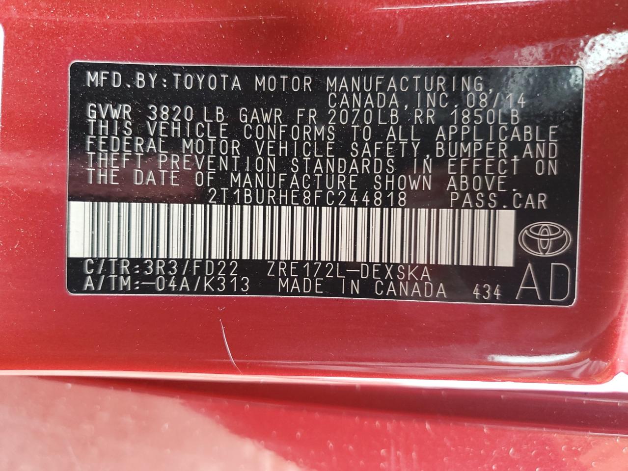 2015 Toyota Corolla L VIN: 2T1BURHE8FC244818 Lot: 93147865