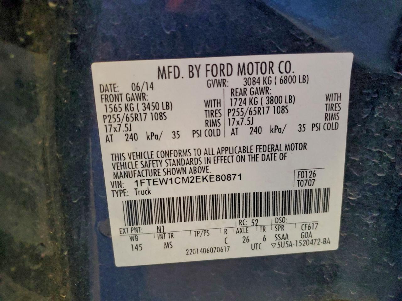 2014 Ford F150 Supercrew VIN: 1FTEW1CM2EKE80871 Lot: 94167575