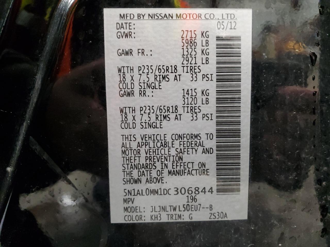 2013 Infiniti Jx35 VIN: 5N1AL0MM1DC306844 Lot: 93366985