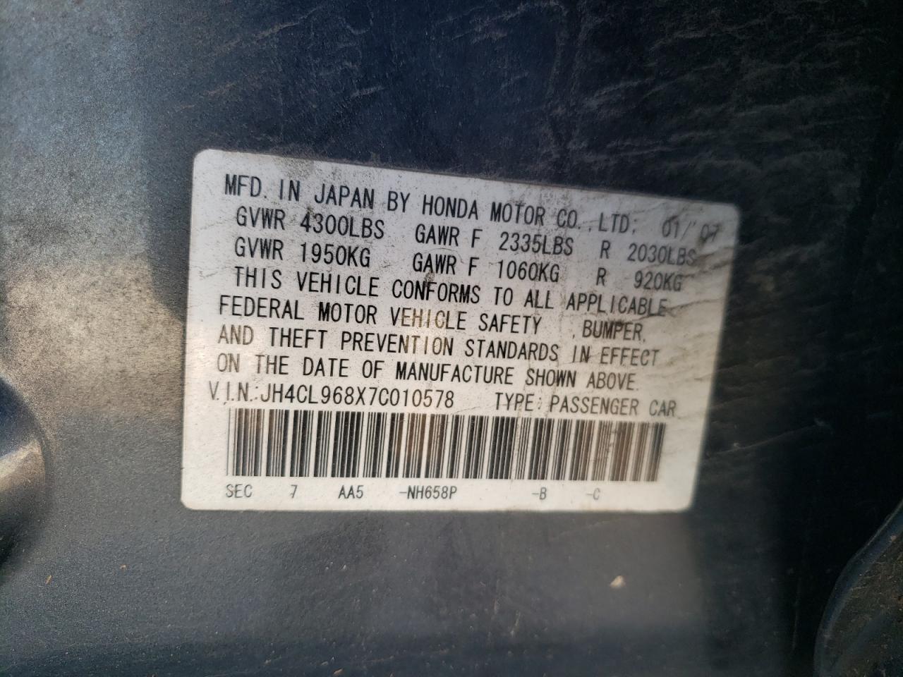 2007 Acura Tsx VIN: JH4CL968X7C010578 Lot: 91837785