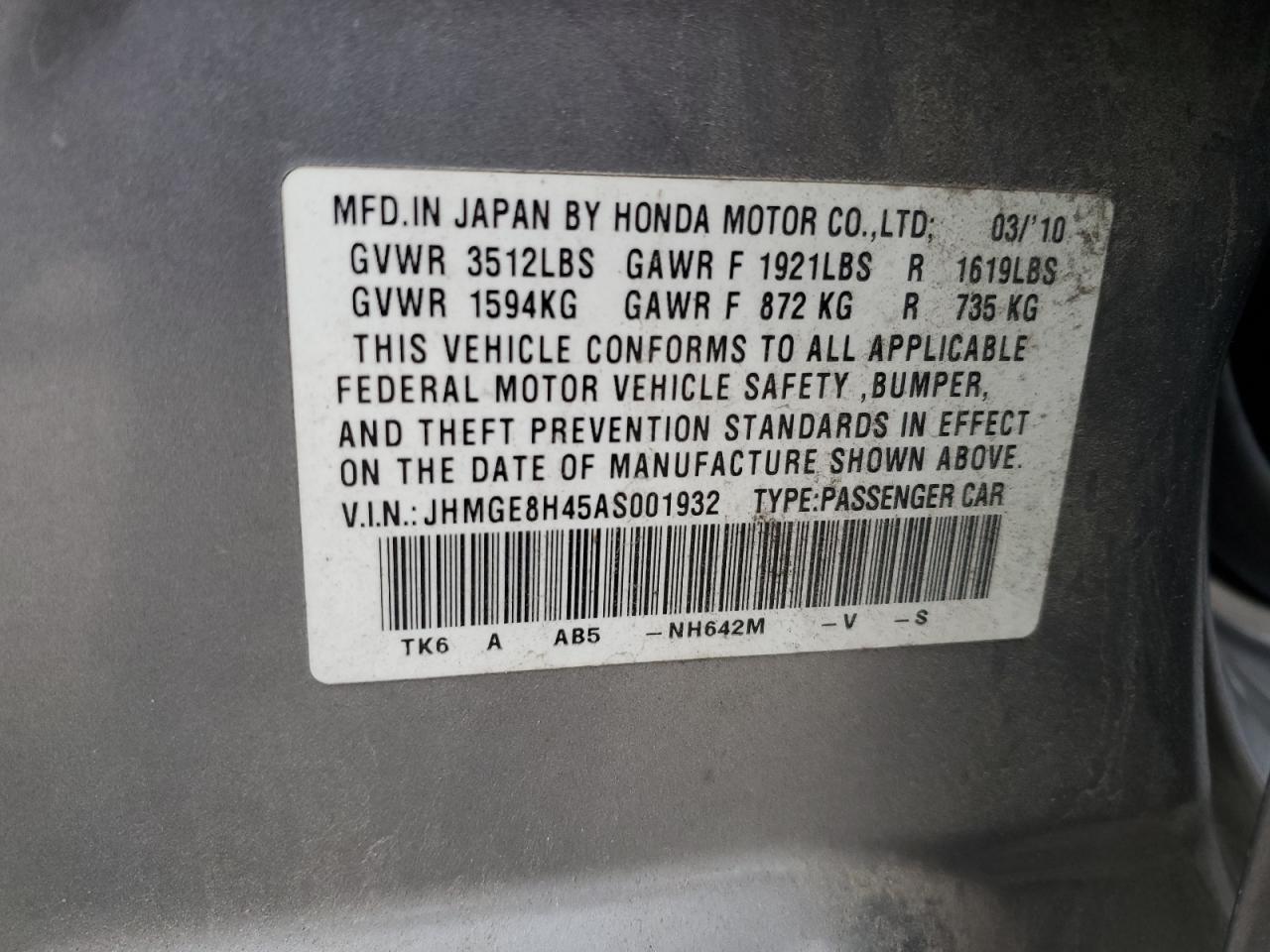 2010 Honda Fit Sport VIN: JHMGE8H45AS001932 Lot: 93110055