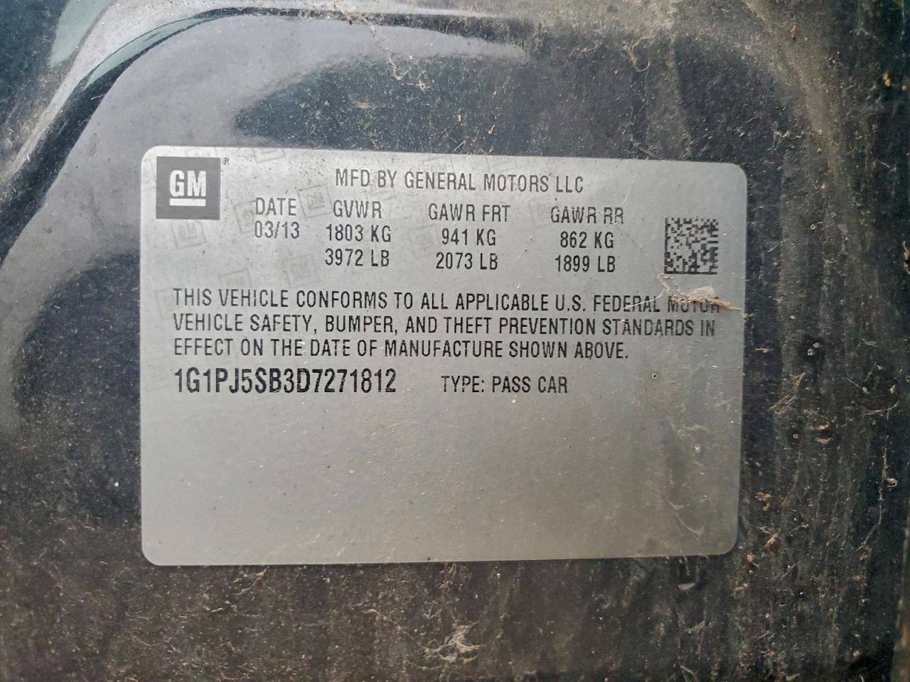 2013 Chevrolet Cruze Eco VIN: 1G1PJ5SB3D7271812 Lot: 92747665