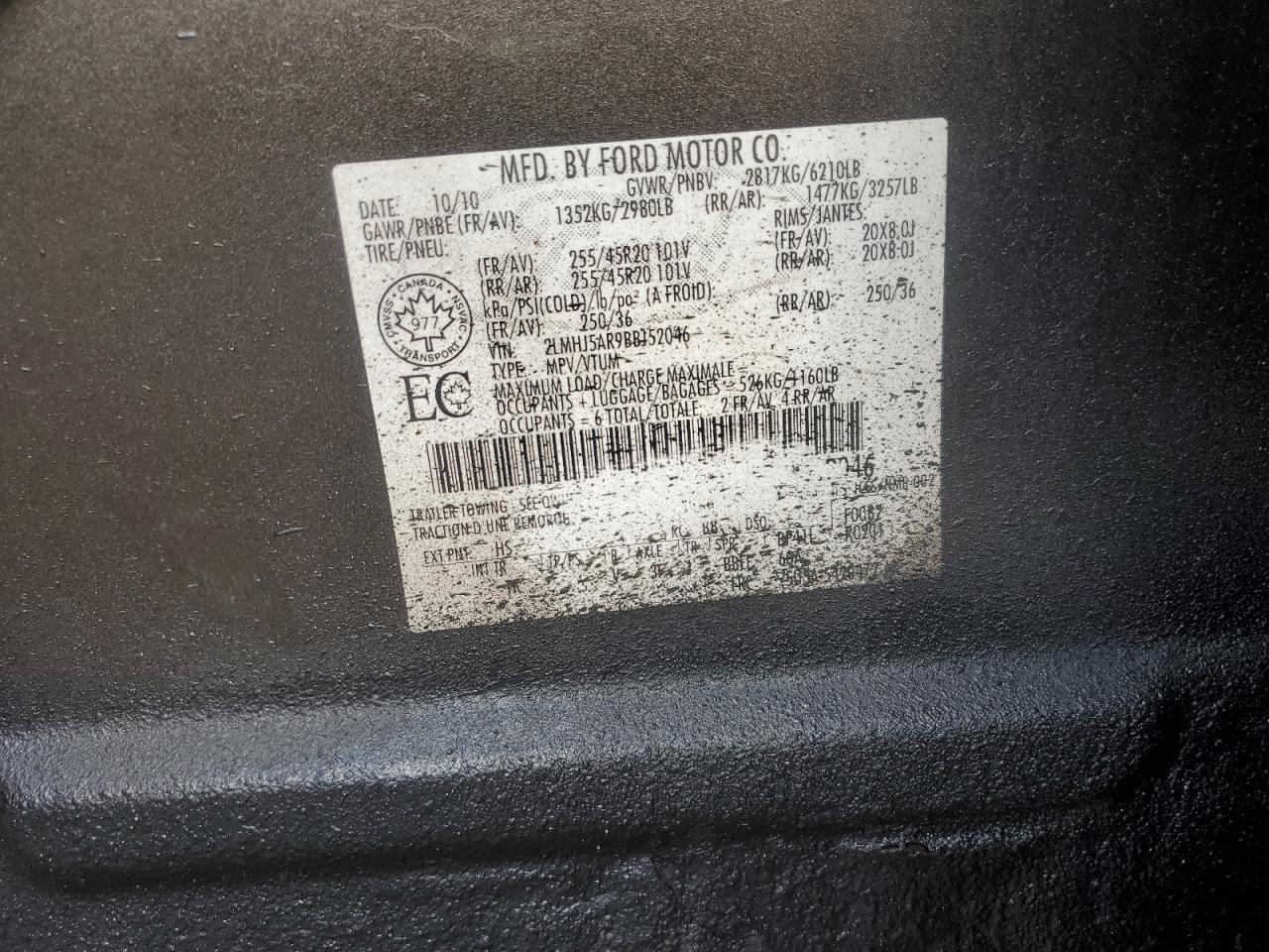 2011 Lincoln Mkt VIN: 2LMHJ5AR9BBJ52046 Lot: 92038645