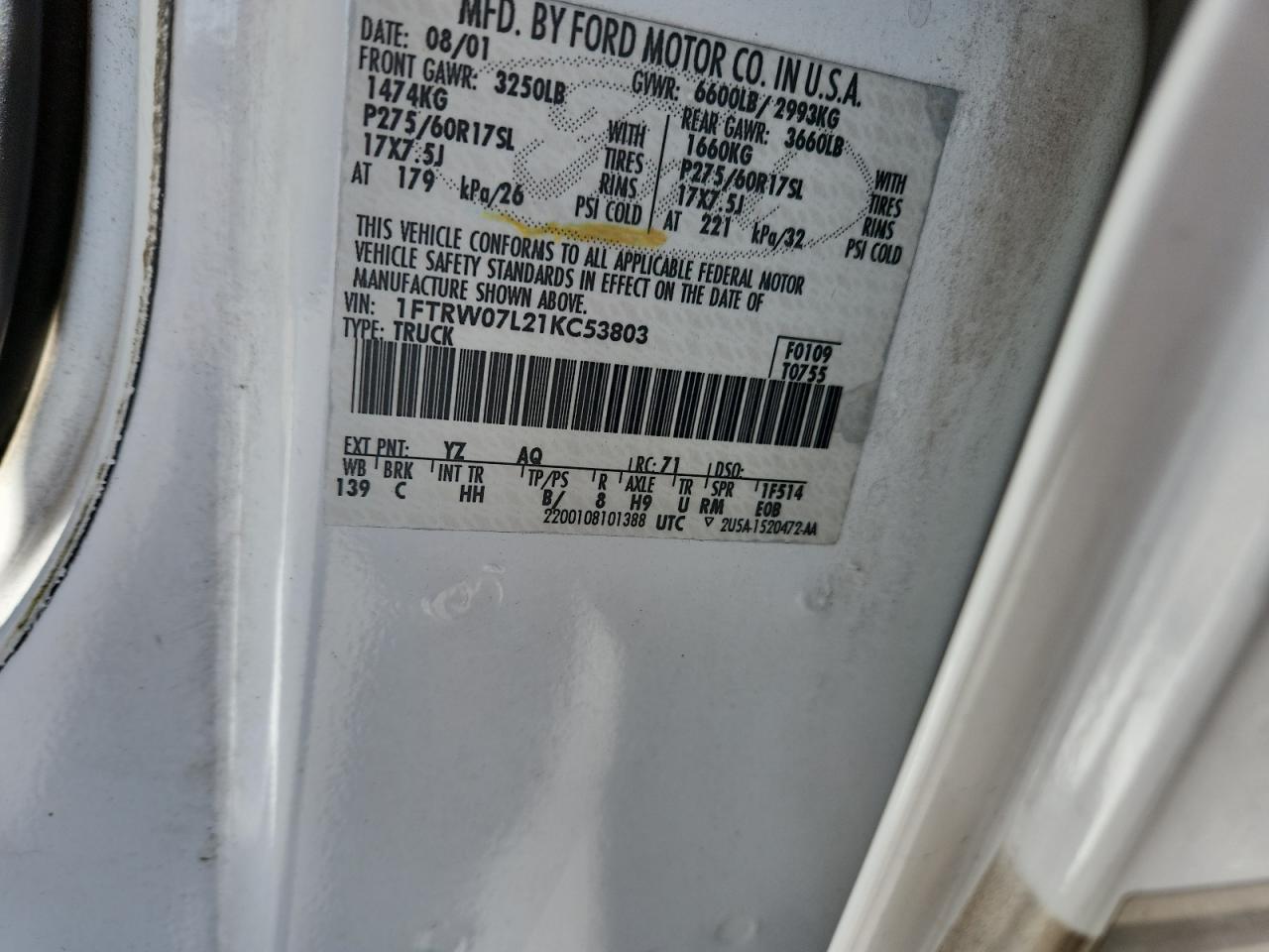 2001 Ford F150 Supercrew VIN: 1FTRW07L21KC53803 Lot: 91619305