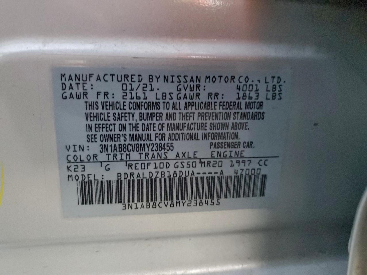 2021 Nissan Sentra Sv VIN: 3N1AB8CV8MY238455 Lot: 93916335