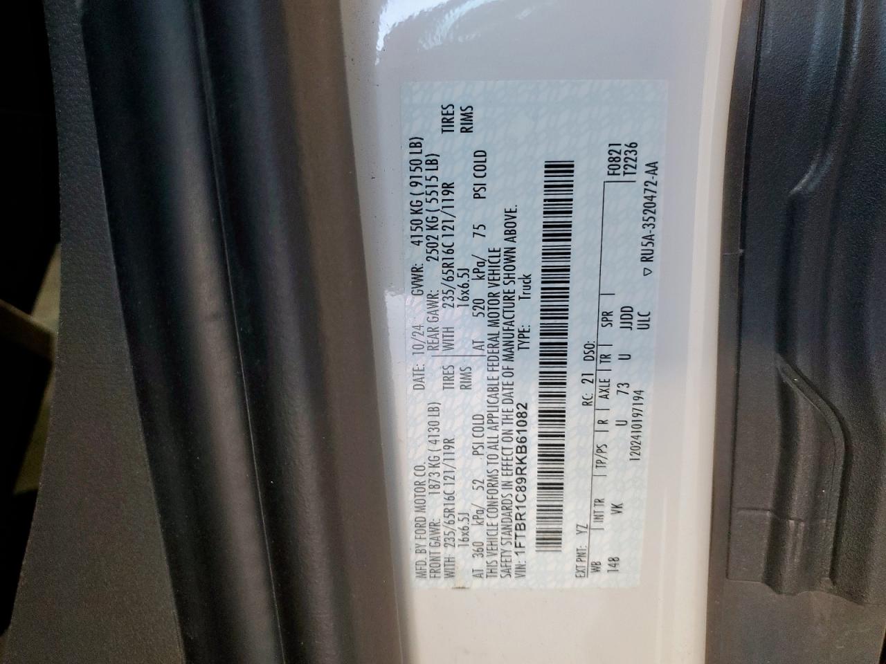 2024 Ford Transit Delivery Van VIN: 1FTBR1C89RKB61082 Lot: 92897845