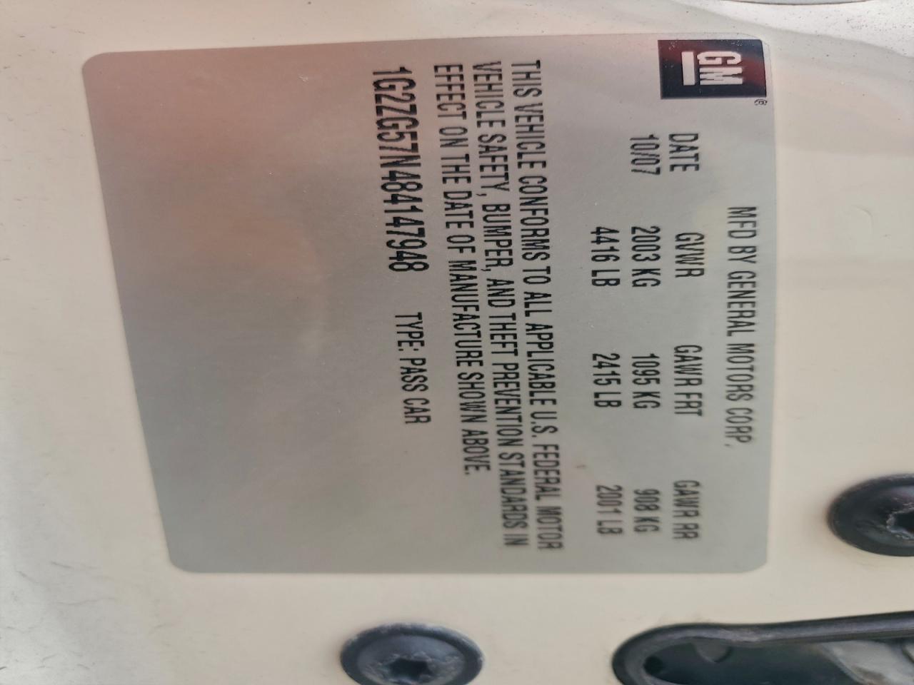 2008 Pontiac G6 Base VIN: 1G2ZG57N484147948 Lot: 94332015