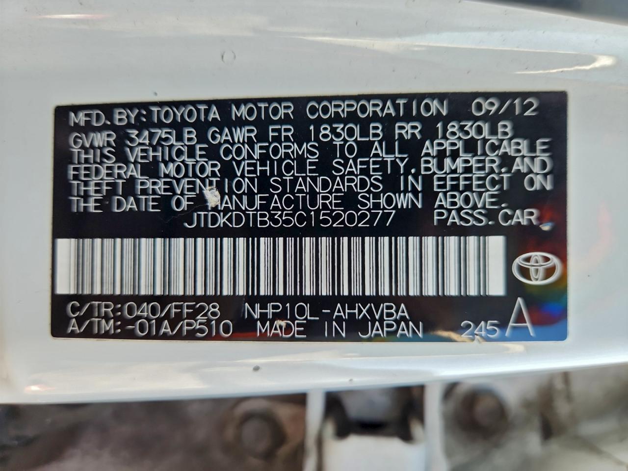 2012 Toyota Prius C VIN: JTDKDTB35C1520277 Lot: 94266075