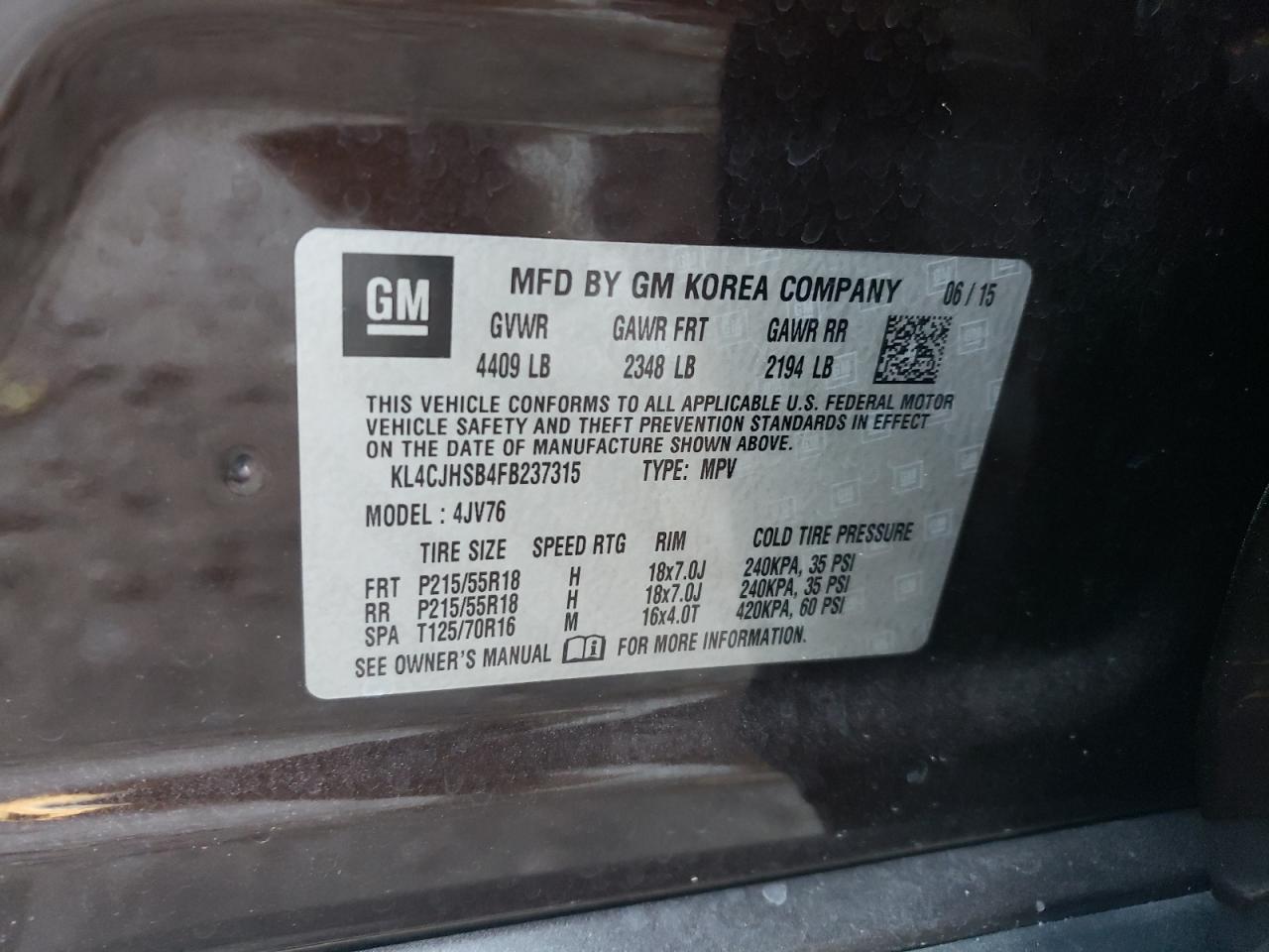 2015 Buick Encore Premium VIN: KL4CJHSB4FB237315 Lot: 92484155