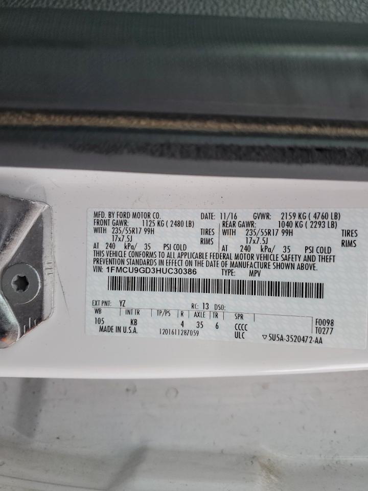 2017 Ford Escape Se VIN: 1FMCU9GD3HUC30386 Lot: 91388185