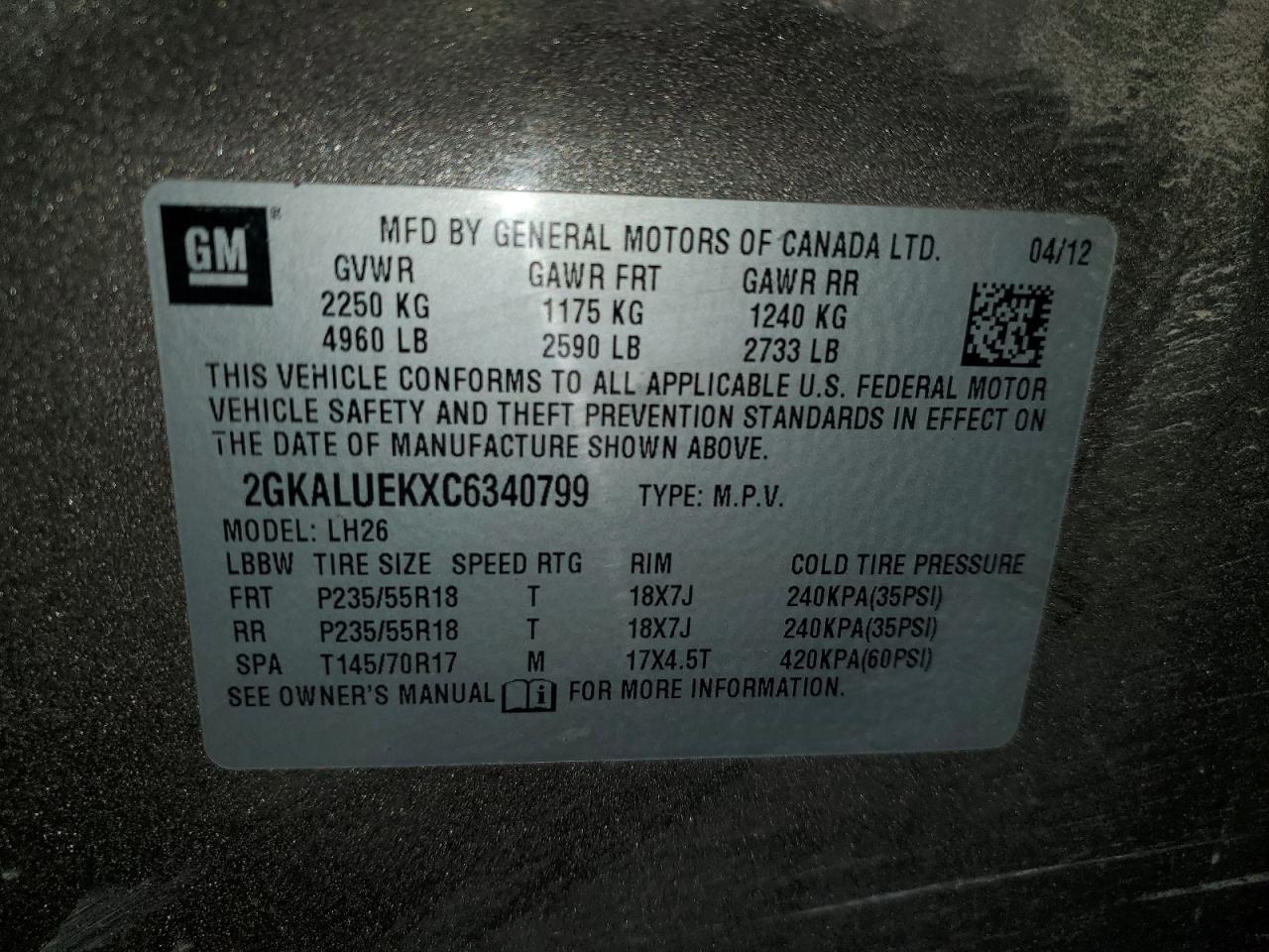 2012 GMC Terrain Slt VIN: 2GKALUEKXC6340799 Lot: 92840865