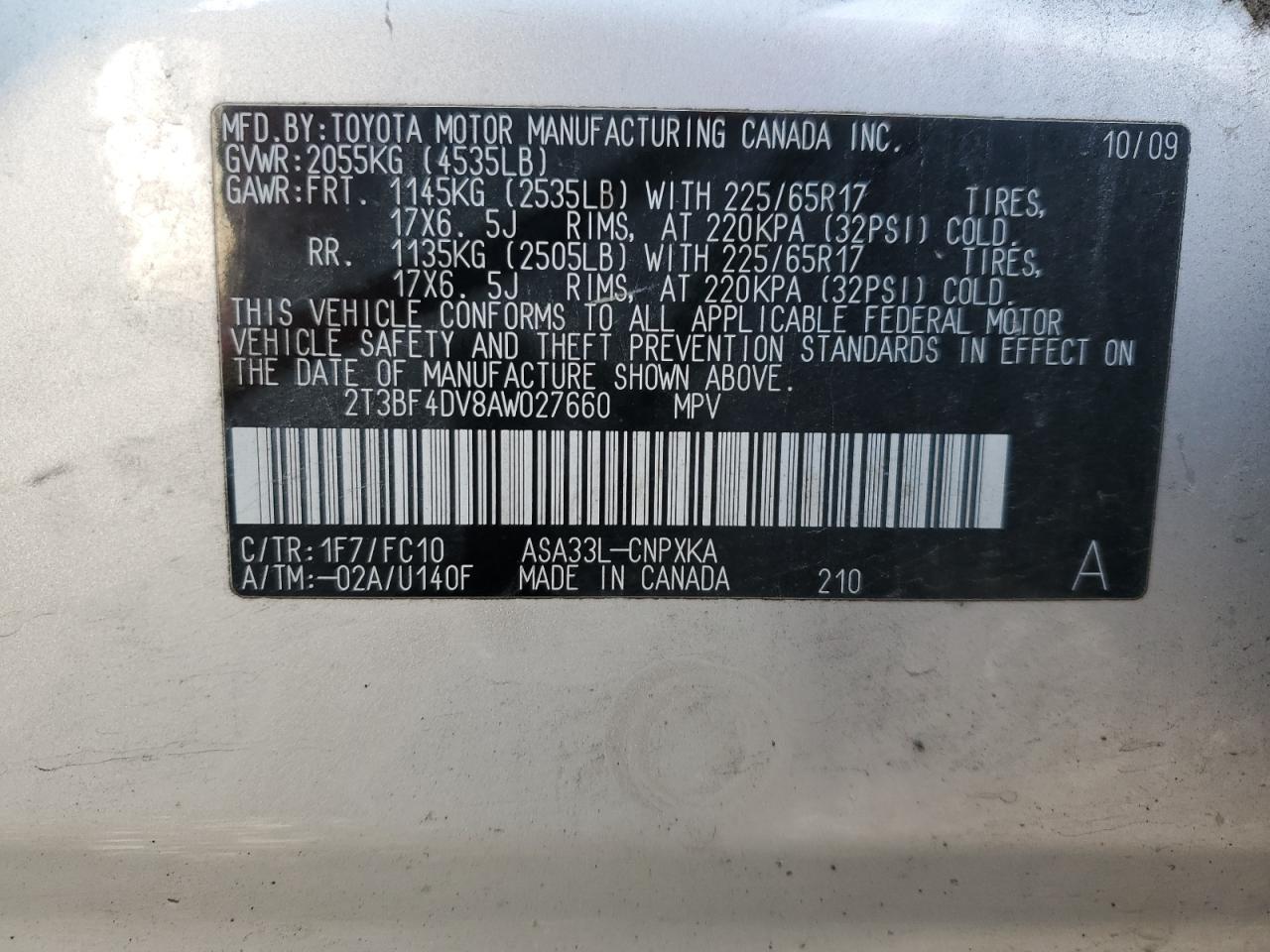 2010 Toyota Rav4 VIN: 2T3BF4DV8AW027660 Lot: 92266855