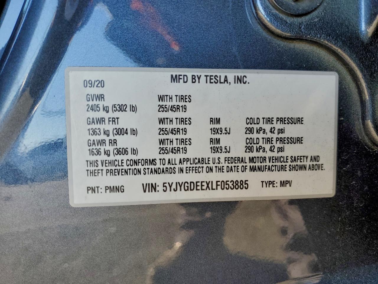 2020 Tesla Model Y VIN: 5YJYGDEEXLF053885 Lot: 94583455