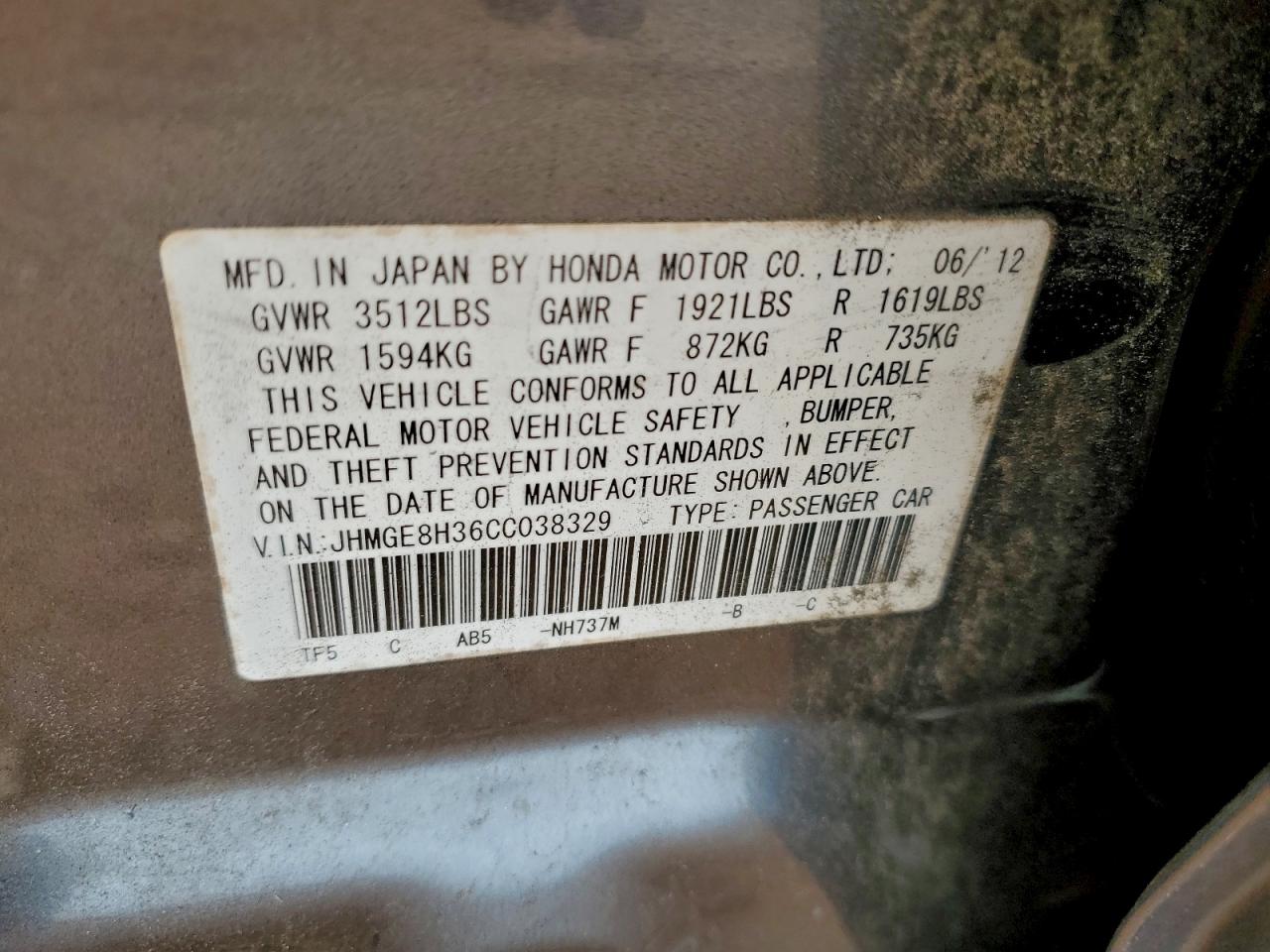 2012 Honda Fit VIN: JHMGE8H36CC038329 Lot: 93703395