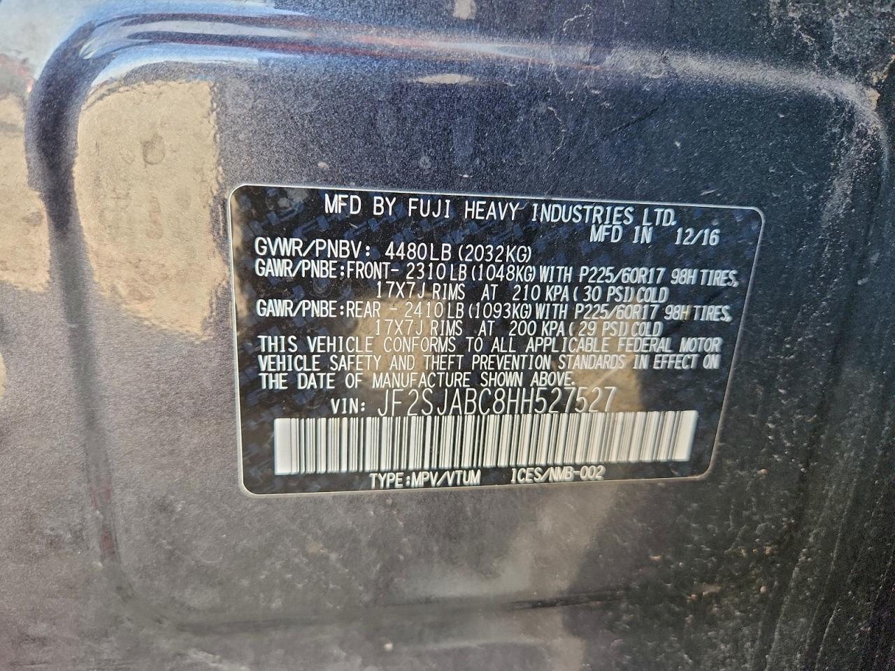 2017 Subaru Forester 2.5I VIN: JF2SJABC8HH527527 Lot: 94507755