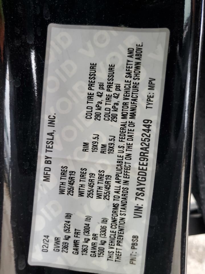 2024 Tesla Model Y VIN: 7SAYGDEE9RA252449 Lot: 93000065