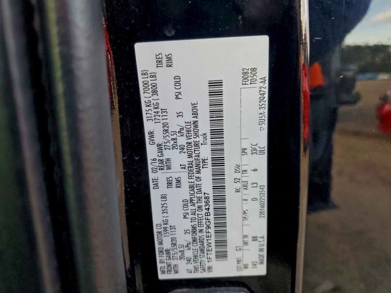 2016 Ford F150 Supercrew VIN: 1FTEW1EF9GFB43687 Lot: 94492035