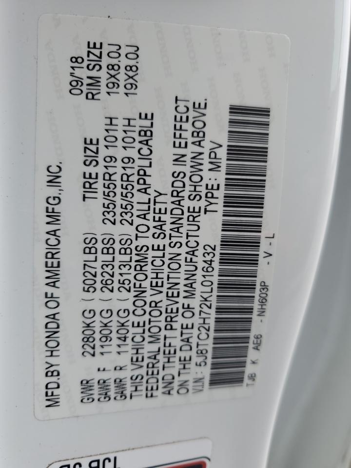 2019 Acura Rdx Advance VIN: 5J8TC2H72KL016432 Lot: 93564685