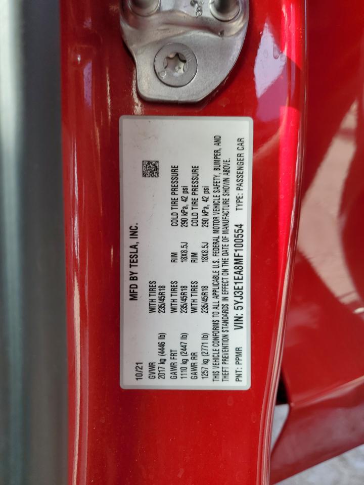 2021 Tesla Model 3 VIN: 5YJ3E1EA8MF100554 Lot: 91285405