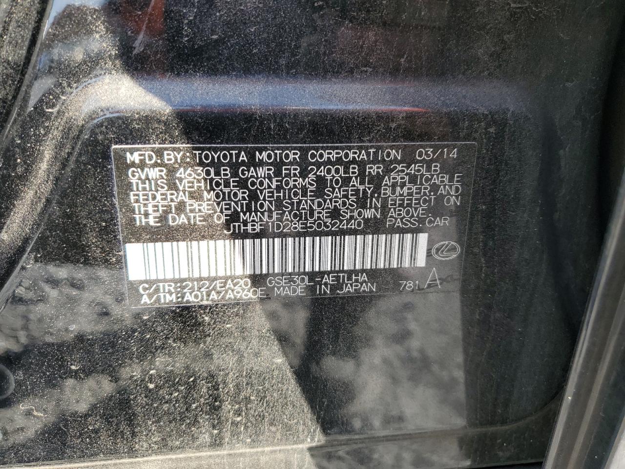 2014 Lexus Is 250 VIN: JTHBF1D28E5032440 Lot: 92803745