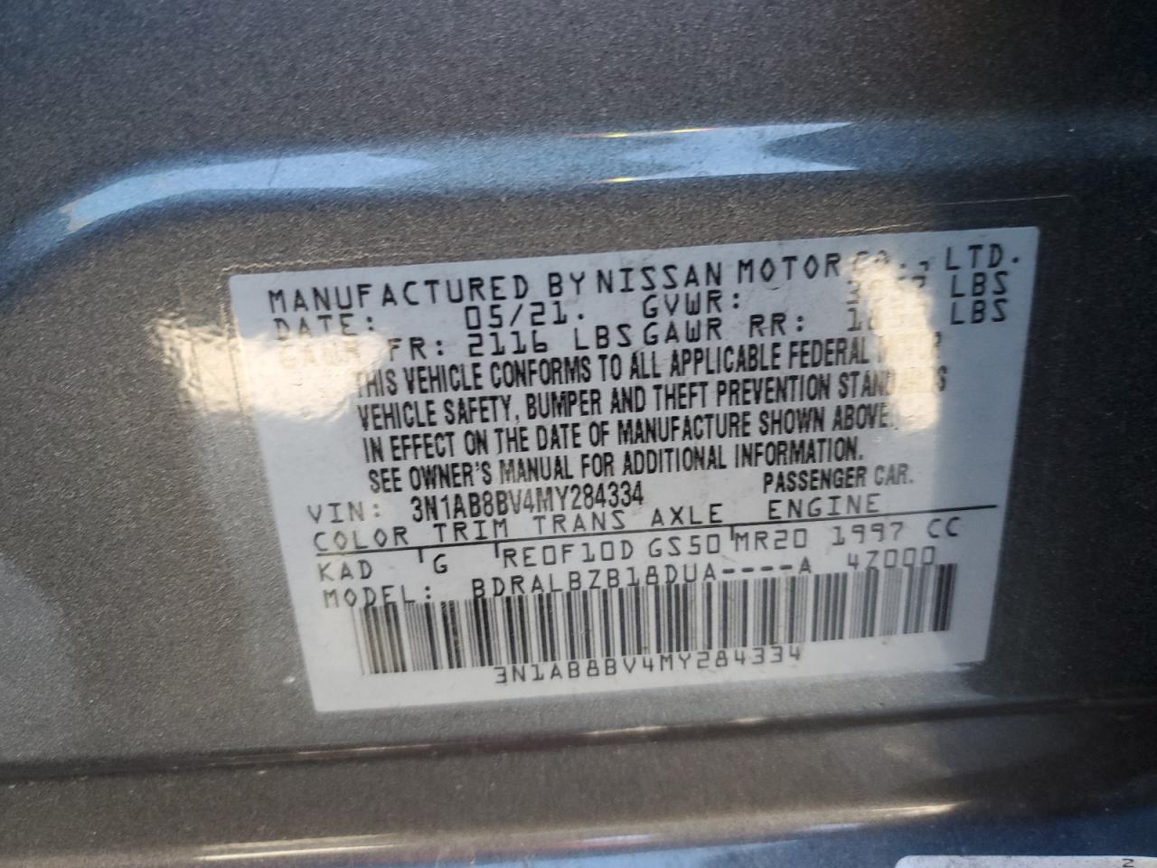 2021 Nissan Sentra S VIN: 3N1AB8BV4MY284334 Lot: 91651035