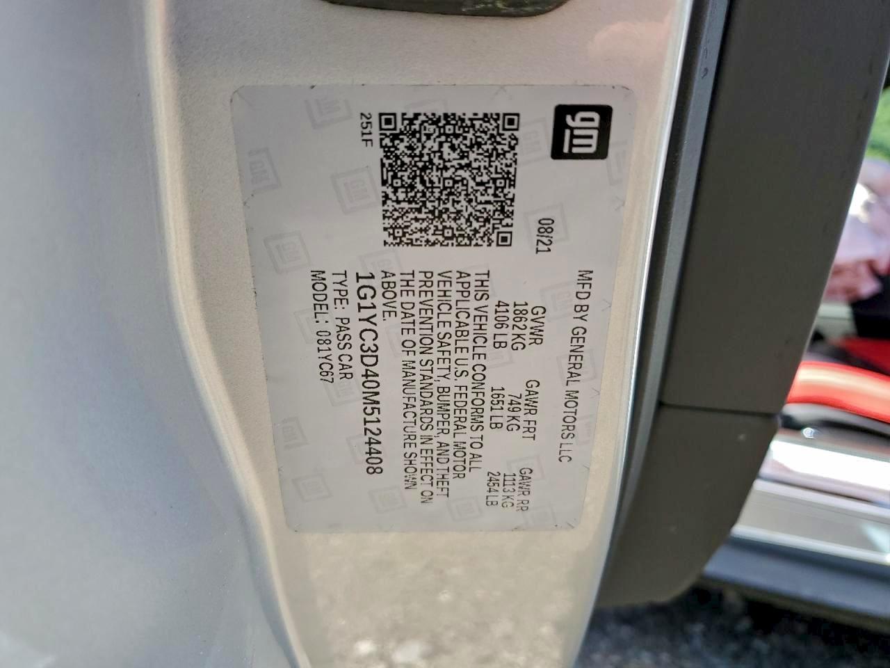 2021 Chevrolet Corvette Stingray 3Lt VIN: 1G1YC3D40M5124408 Lot: 94644875