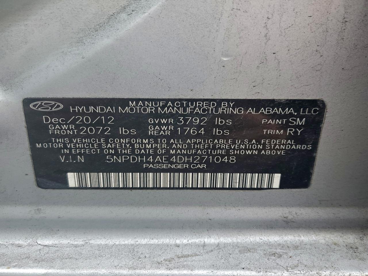 2013 Hyundai Elantra Gls VIN: 5NPDH4AE4DH271048 Lot: 93466885