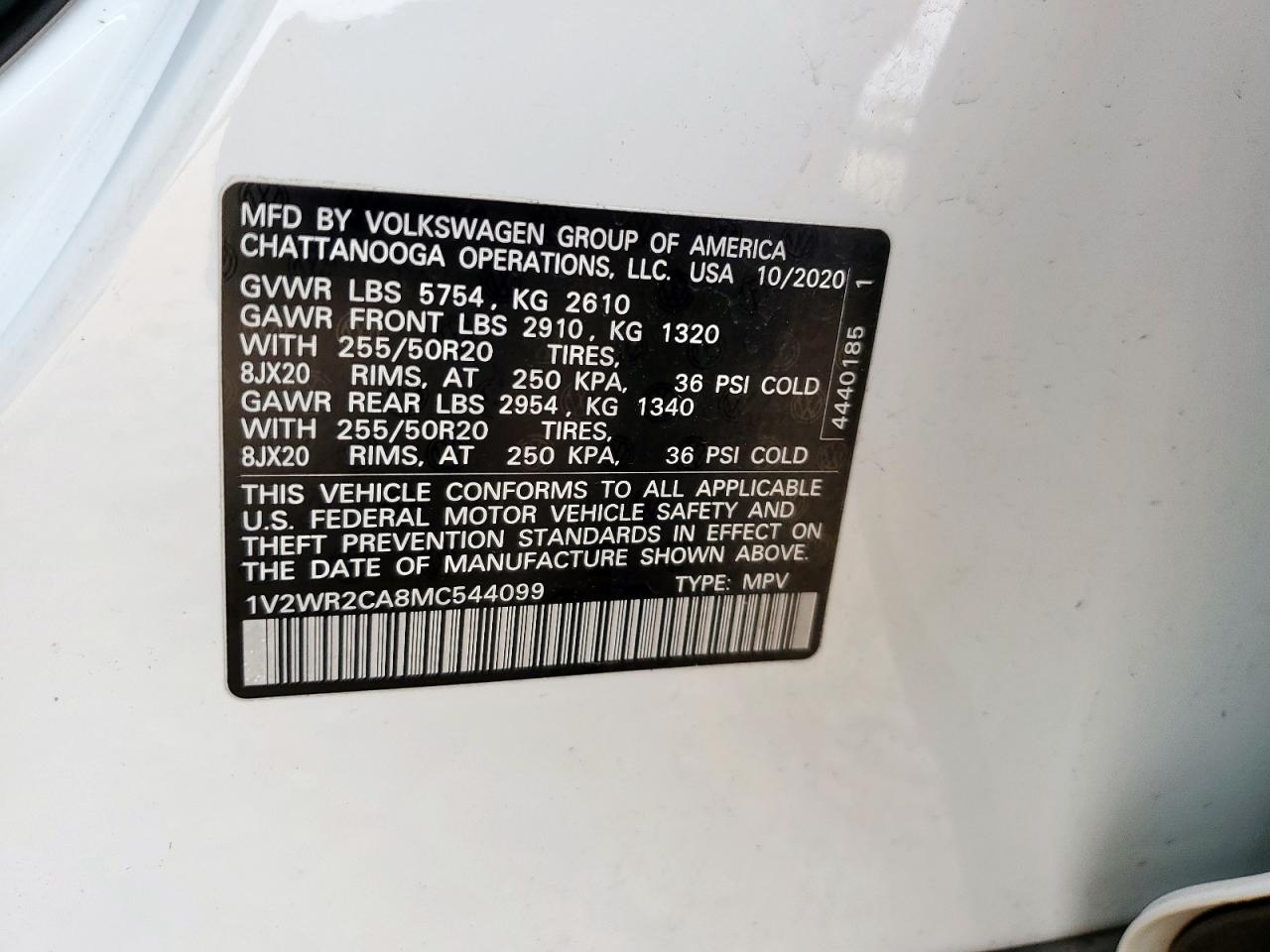 2021 Volkswagen Atlas Se VIN: 1V2WR2CA8MC544099 Lot: 92789595