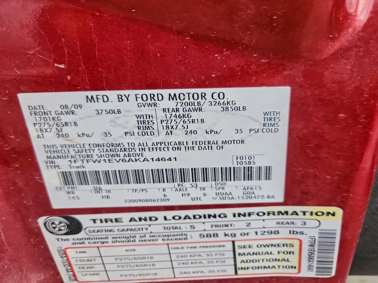 2010 Ford F150 Supercrew VIN: 1FTFW1EV6AKA14641 Lot: 94368665