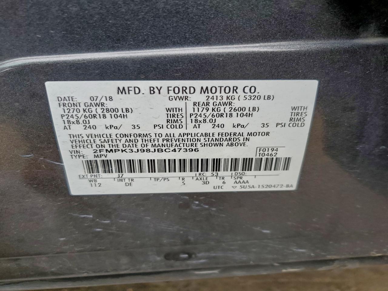 2018 Ford Edge Sel VIN: 2FMPK3J98JBC47396 Lot: 94247475