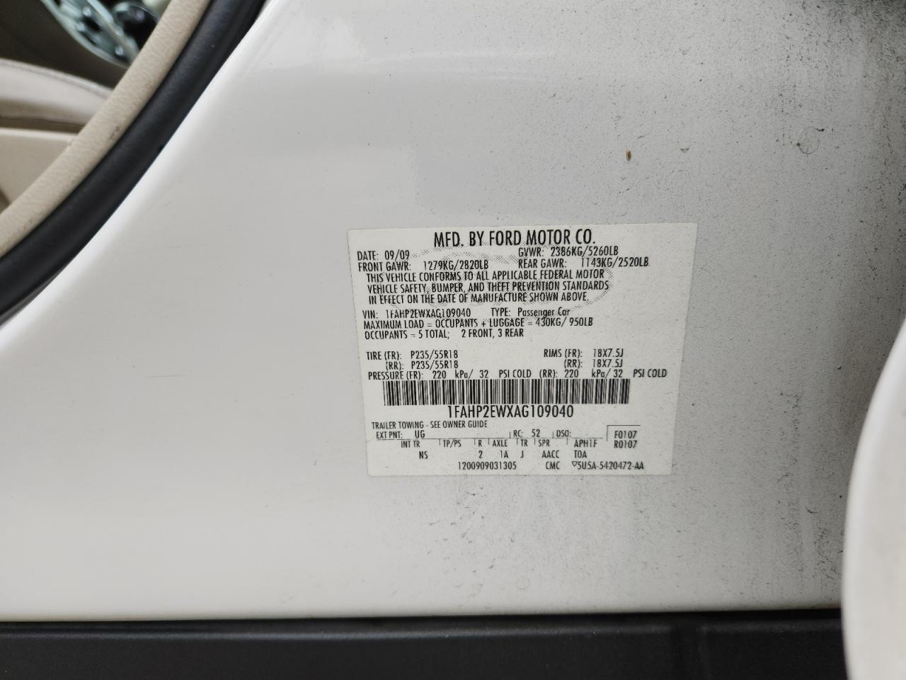 2010 Ford Taurus Sel VIN: 1FAHP2EWXAG109040 Lot: 93073675